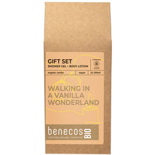 Benecos Bio Walking In A Vanilla Wonderland Gift Set includes Shower Gel and Body Lotion in a brown bag.