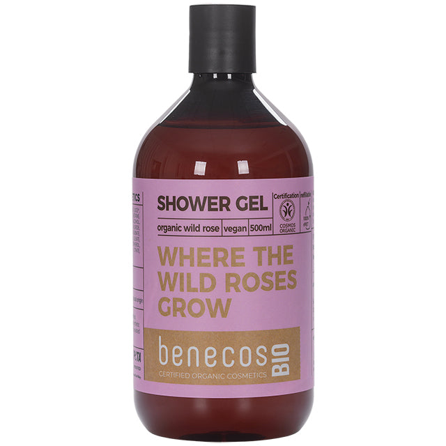 benecos Bio Shower Gel Where the Wild Roses Grow in a brown plastic bottle