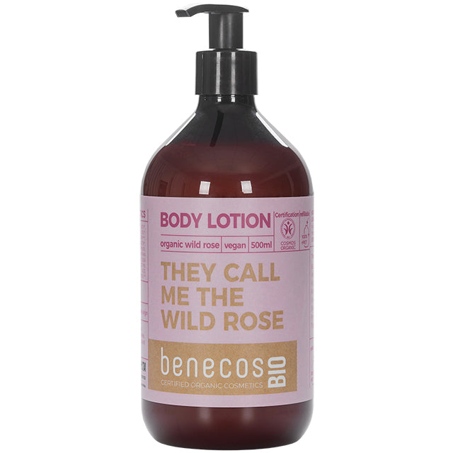 Benecos Bio Body Lotion  with Organic Wld Rose in a brown plastic bottle with a pump lid. 