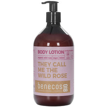 Benecos Bio Body Lotion  with Organic Wld Rose in a brown plastic bottle with a pump lid. 