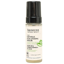 Benecos Gentle Cleansing Foam is in a spray bottle with a black lid with an illustraion of aloe vera on a white background
