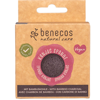 Benecos Konjac Sponge Black Bamboo Charcoal is in a biodegradable box on a white background.