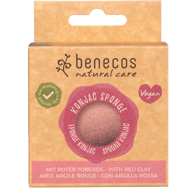 Benecos Konjac Sponge Red Clay is in a biodegradable box on a white background.
