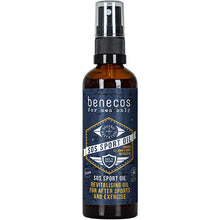 Benecos For Men Only SOS Sport Oil infused with St. Johns Wort in a glass bottle with a spray lid 