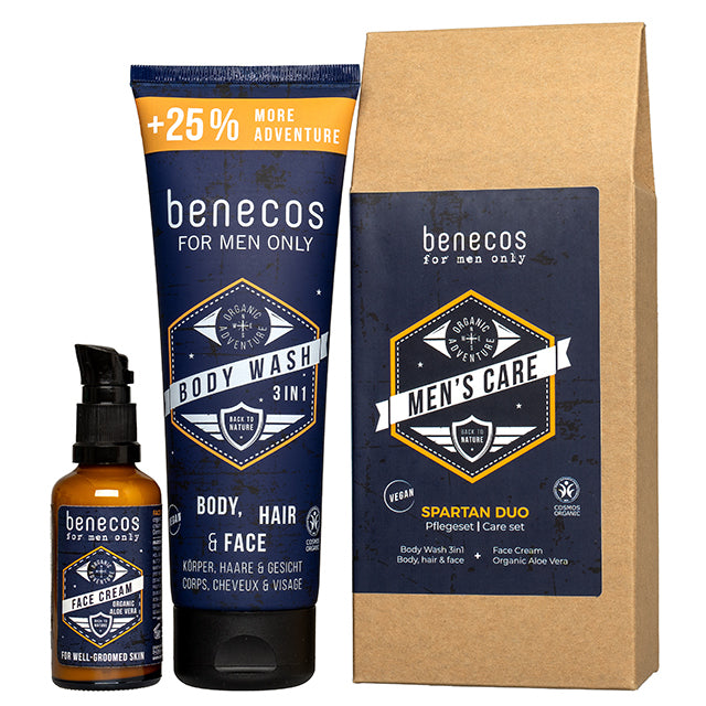 Benecos Men's Spartan Duo Gift Set is in a brown envelope style box with a Body wash and face cream, on a white background 