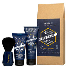 Benecos Mens Well Shaved Gift Set in a brown envelope style box with Shaving Cream, 2 in 1 Face and After Shave Balm and Shaving Brush, displayed on a white background