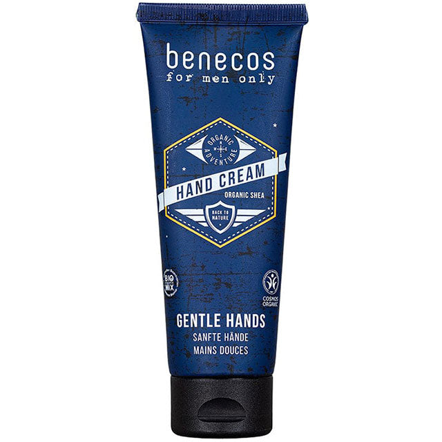Benecos For Men nly Hand Cream with Organic Shea Butter is in a dark blue tube 