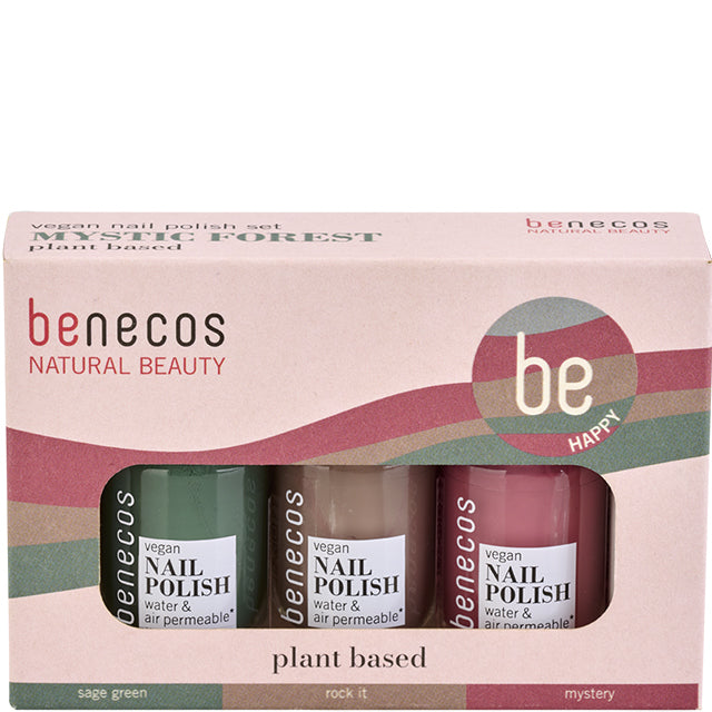 Benecos Mystic Forest Nail Polish Set, 3 nail polishes in a light pink cardboard box with a cut out showing the nail polishes, on a white background