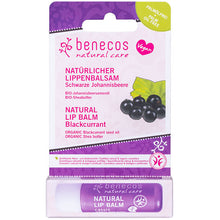 Benecos Natural lip Balm Blackcurrant with Organic Blackcurrent seed oil and organic shea butter. The lip balm is in a stick in a blister pack.