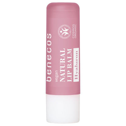 Benecos Natural Lip Balm Hyaluron is in a pink and white lipstick case on a white background