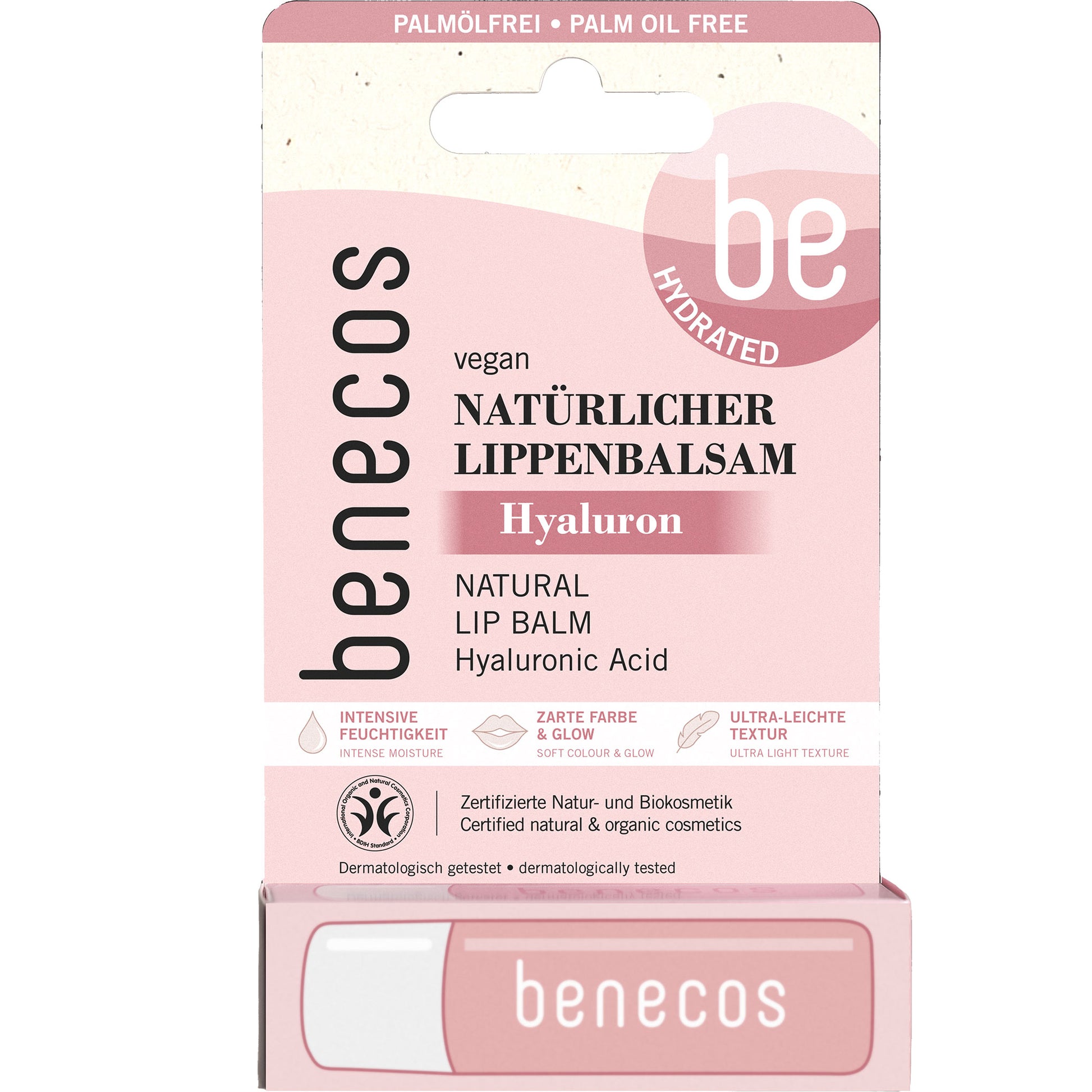 Benecos Natural Lip Balm Hyaluron is packed in a blister pack with a pink a white design on a white background