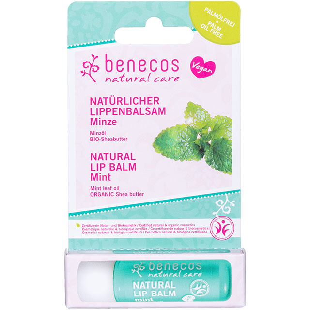 Benecos natural Lip Balm Mint  with Natural Mint Leaf Oil and organic shea butter. The lip balm is in a stick in a blister pack 