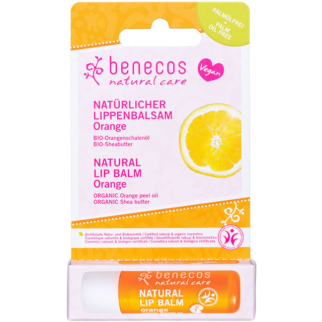 Benecos Natural lip Balm Orange with organic orange peel oil and organic shea butter. A stick in a blister pack 