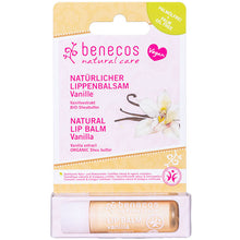 Benecos Natural Lip Balm Vanilla with vanilla extract and organic shea butter. The balm is in a stick in a blister pack 
