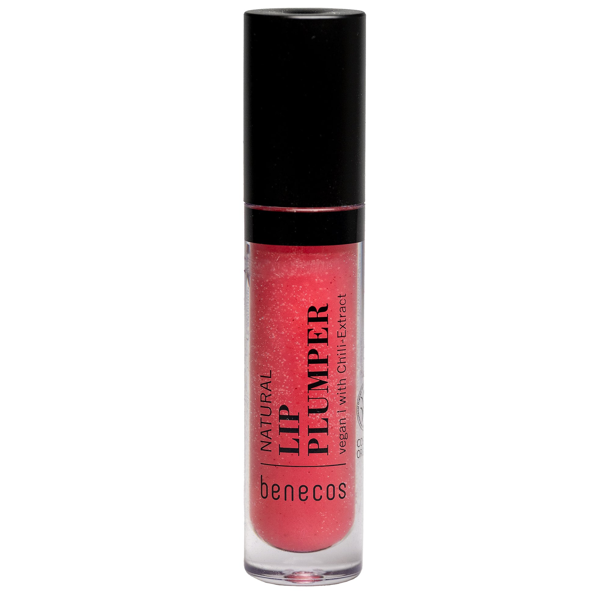 Benecos Natural Lip Plumper in a lipgloss bottle with applicator on a white background 