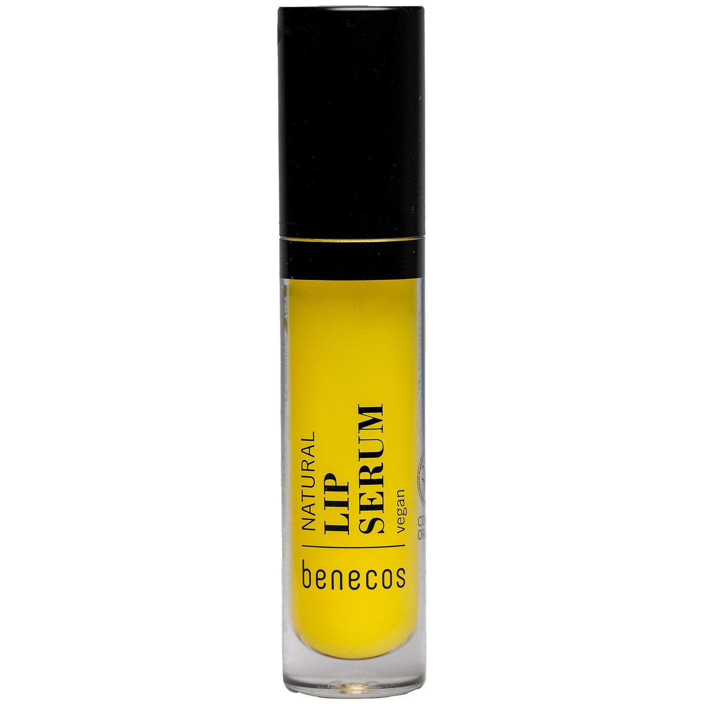 Benecos Natural Lip Serum in a tube with a black lid, showing the yellow lip serum on a white background