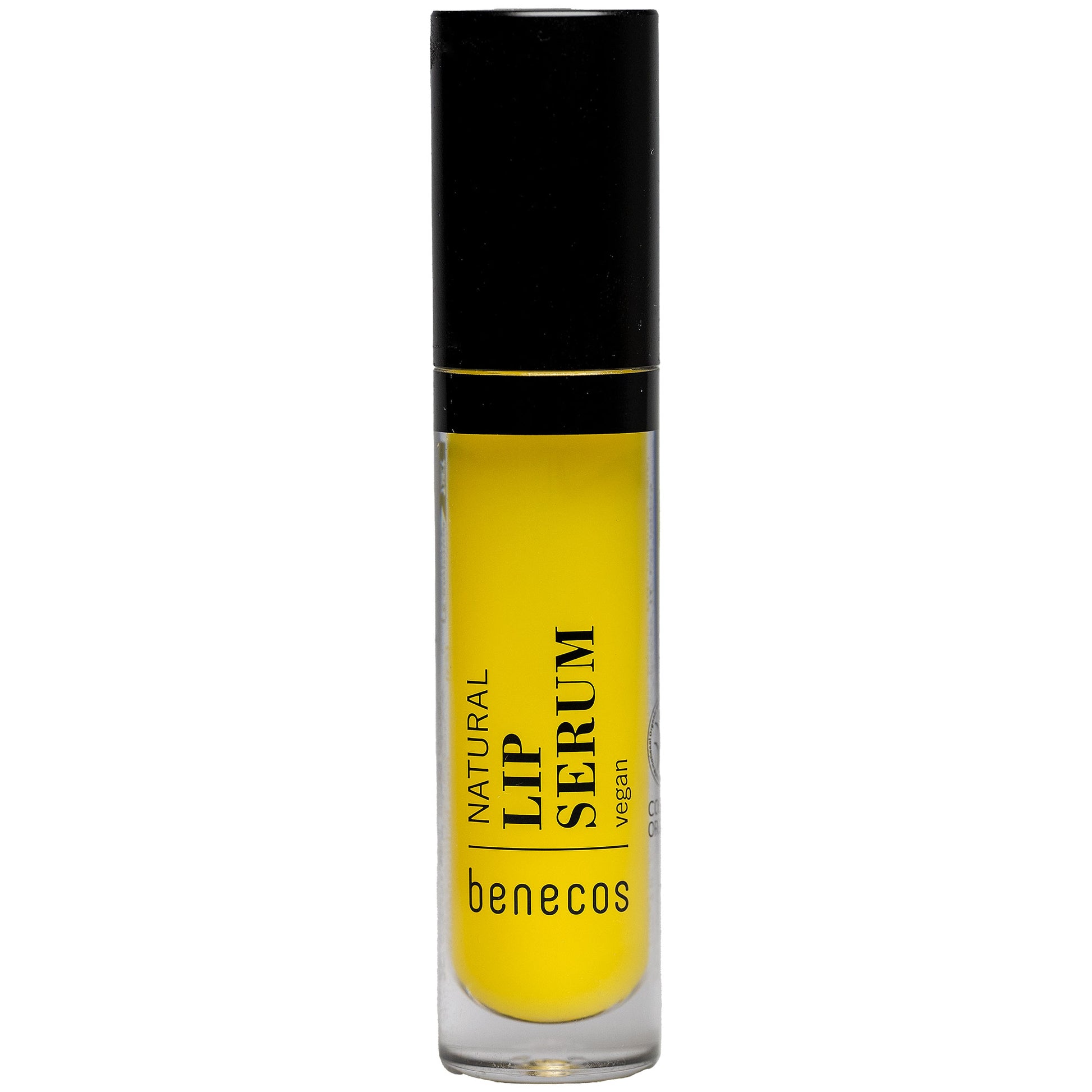 Benecos Natural Lip Serum in a tube with a black lid, showing the yellow lip serum on a white background