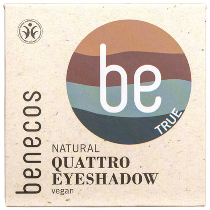 Front of Benecos Natural Quattro Eyeshadow True showing the 4 colours on a white background