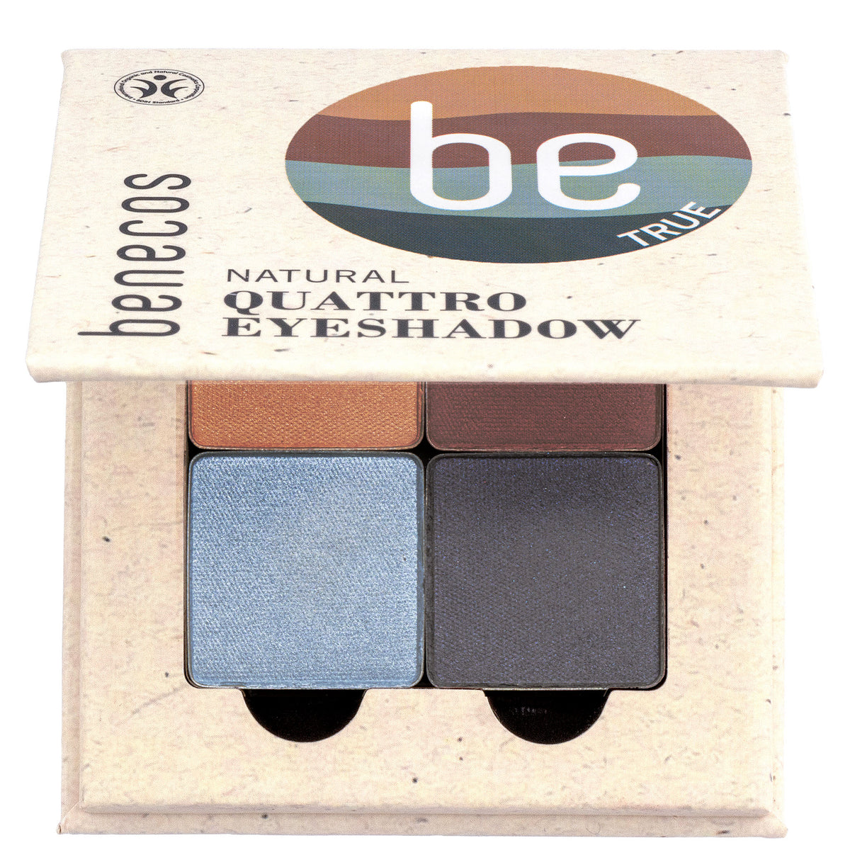 Benecos Natural Quattro Eyeshadow palette True in a square kraft paper case, showing four eyeshadow pans on a white background