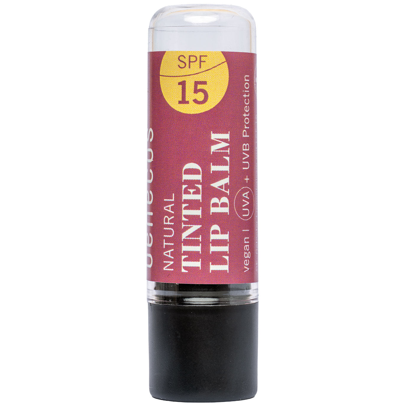 Benecos Natural Tinted Lip Balm Berry Bliss with SPF15 in a twist up tube on a white background