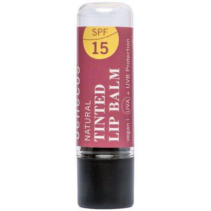Benecos Natural Tinted Lip Balm Berry Bliss with SPF15 in a twist up tube on a white background