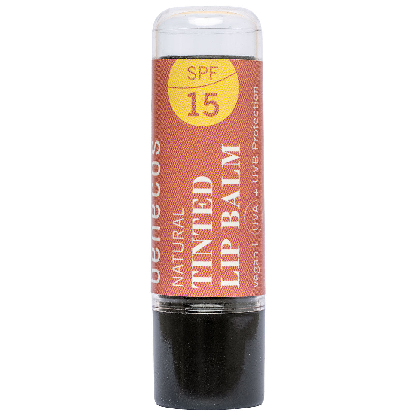 Benecos Natural Tinted Lip Balm Coral Breeze with SPF15 in a twist up tube on a white background