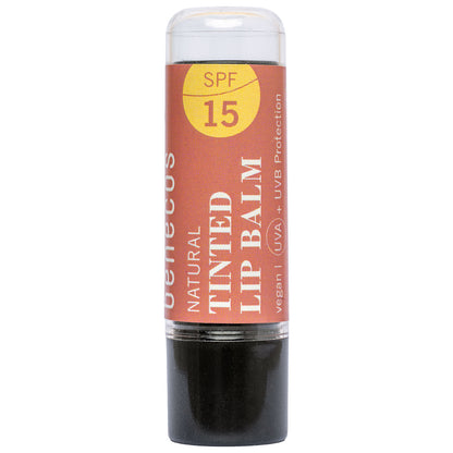 Benecos Natural Tinted Lip Balm Coral Breeze with SPF15 in a twist up tube on a white background