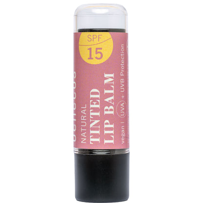 Benecos Natural Tinted Lip Balm Soft Bloom with SPF15 in a twist up tube on a white background