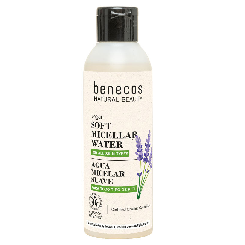 Benecos Soft Micellar Water is in a bottle with a flip top lid, illustration of lavender flowers on a white background