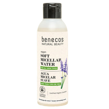 Benecos Soft Micellar Water is in a bottle with a flip top lid, illustration of lavender flowers on a white background