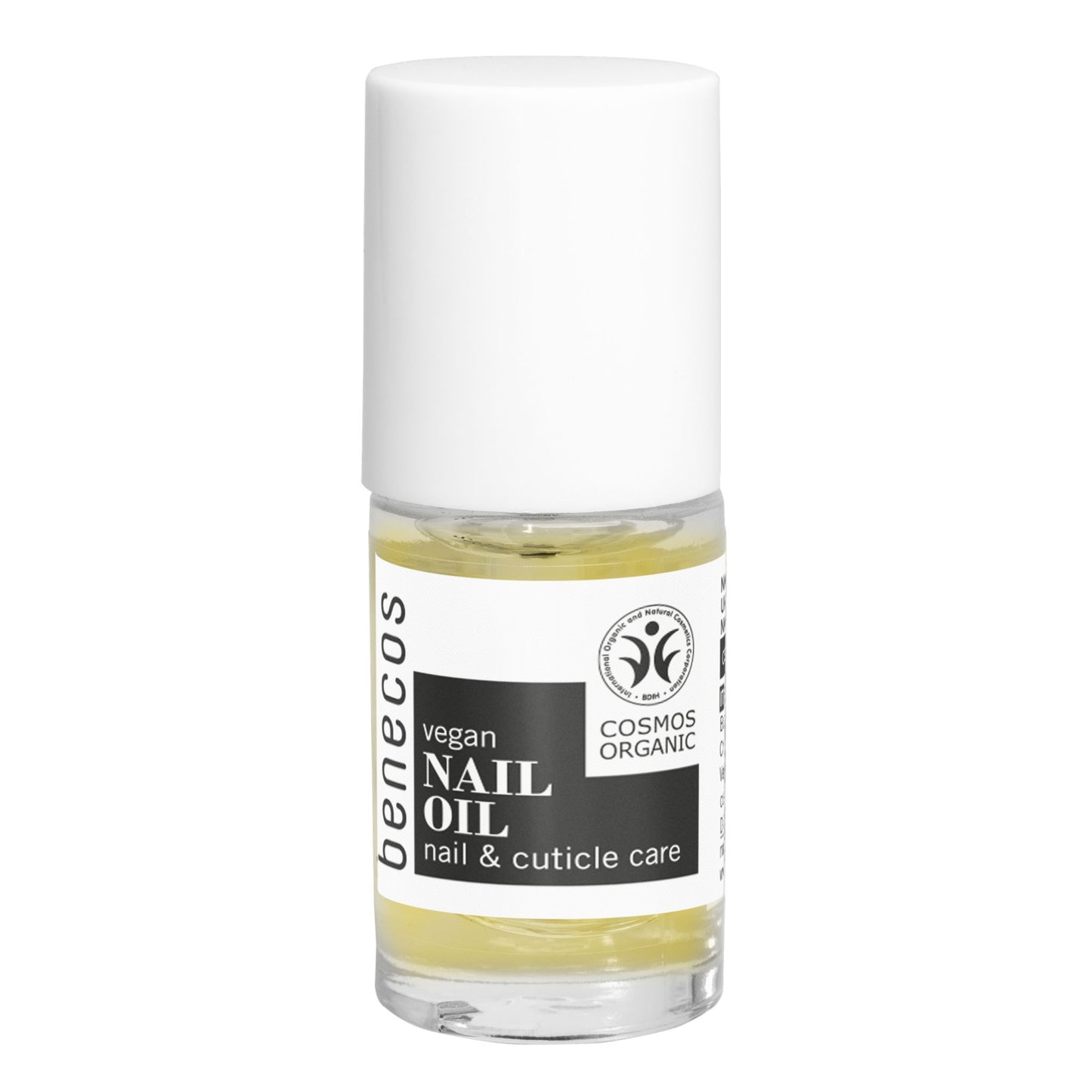 Bottle of benecos vegan nail oil on a white background