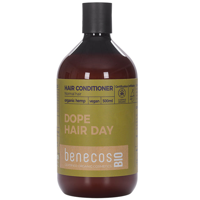 Benecos Bio Organic Hemp Hair Conditioner for Normal Hair is in a brown bottle with a push down cap
