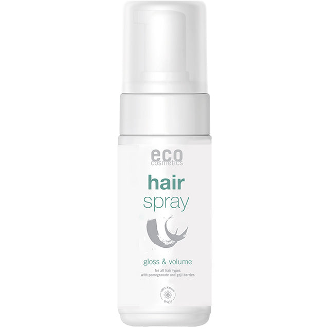 Eco Cosmetics Hair Spray giving gloss and volume is in a bottle with a spray top and lid. 