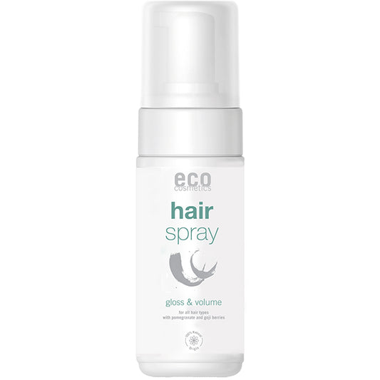 Eco Cosmetics Hair Spray giving gloss and volume is in a bottle with a spray top and lid. 