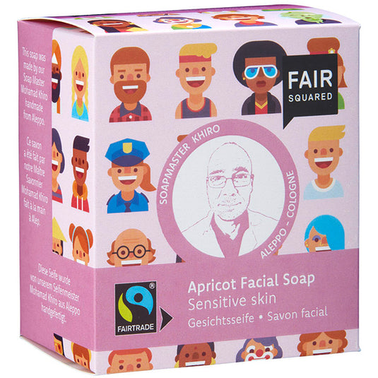 Fair Squared Apricot Facial Soap for Sensitive Skin in a box. Fairtrade