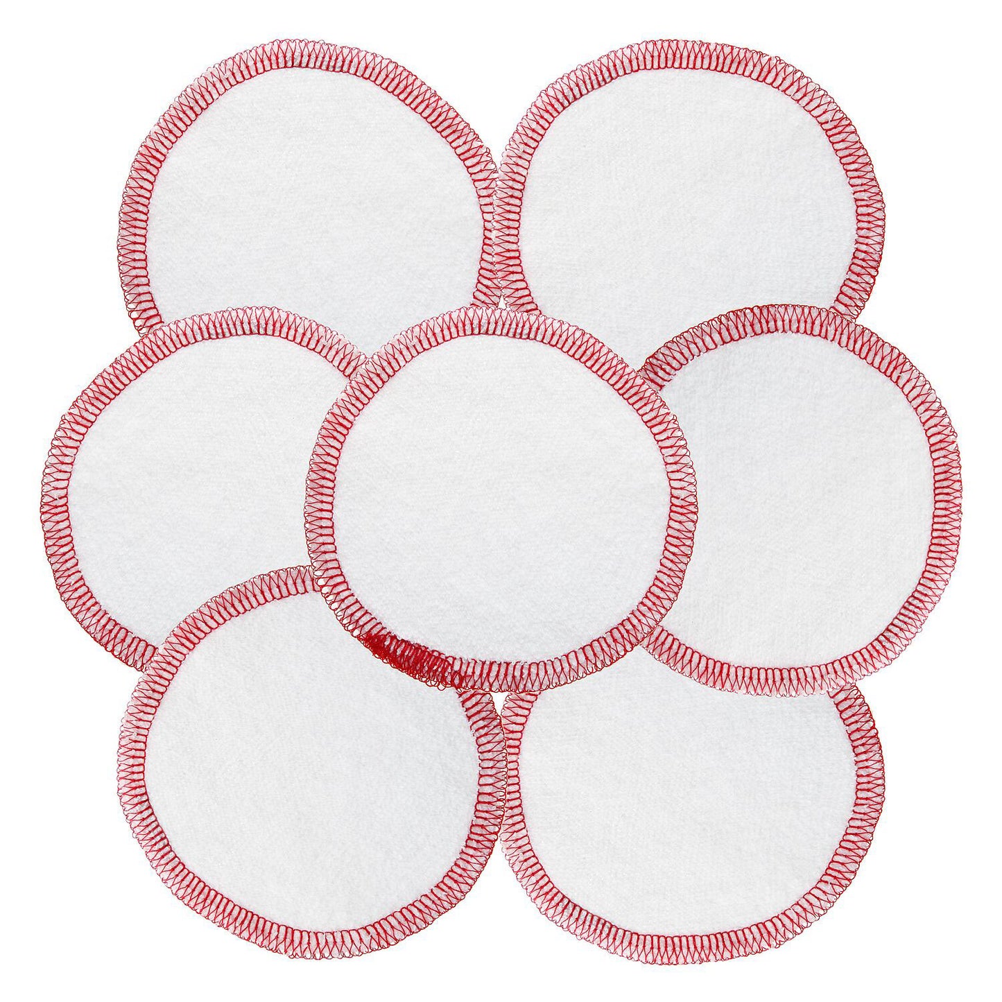 Fair Squared Cosmetics Pads are white round pads with red stitching on a white background.