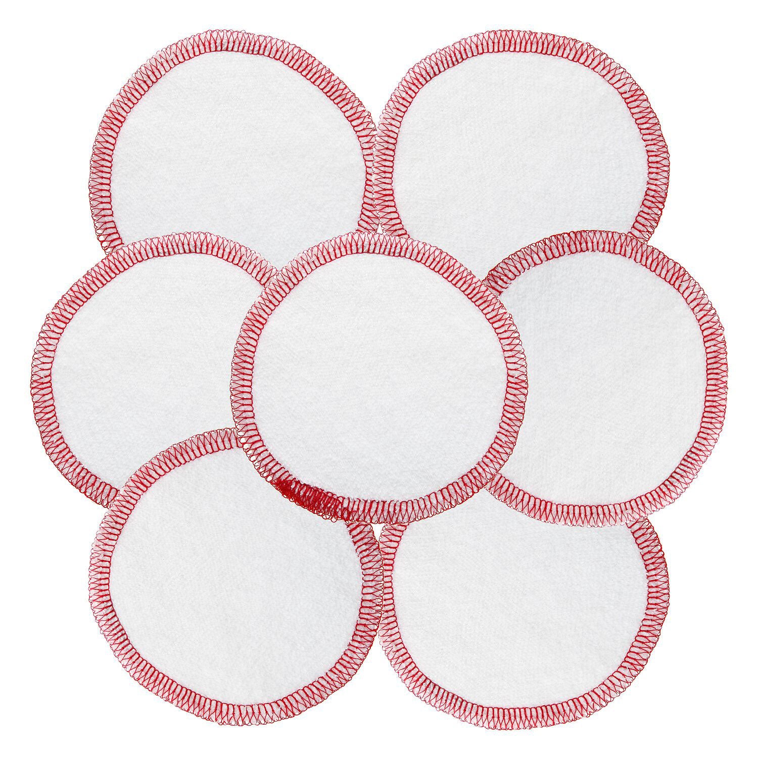 Fair Squared Cosmetics Pads are white round pads with red stitching on a white background.