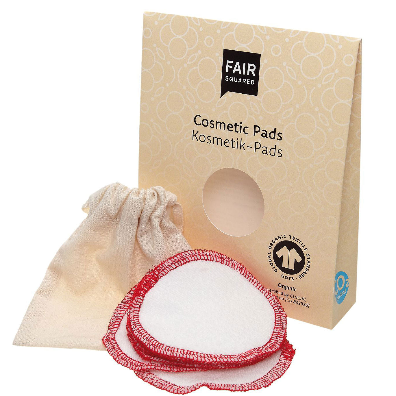 Fair Squared Cosmetic Pads shows the Fair Squared box, bag and round cotton pads on a white background
