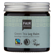 Fair Squared Green Tea Leg Balm  with fair trade ingredients, suitable for vegans . In a brown glass jar with a screw top lid.