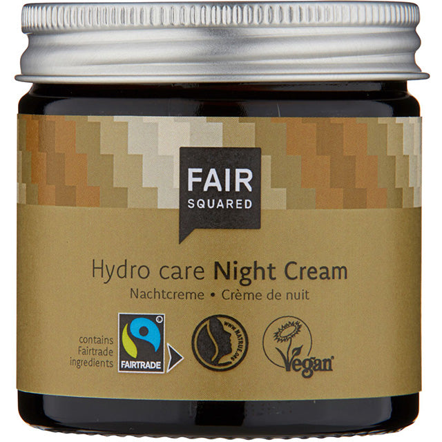 Fair Squared Hydro Care Night Cream with Fair trade Argan Oil in a brown glass jar.