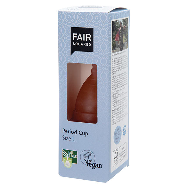 Fair Squared Natural Period Cup Size Large made of natural rubber, and is in a box 