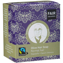 Fair Suared Olive Hair Soap for Normal Hair. 2 x 80g and a cotton bag is in the cardboard box