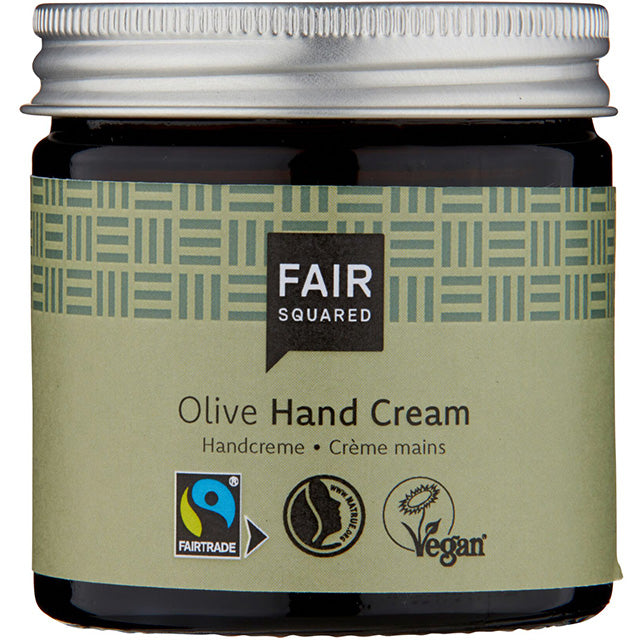 Fair Squared Olive Hand Cream with Fair Trade Ingredients is in a brown glass jar with a screw top lid.