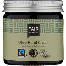 Fair Squared Olive Hand Cream with Fair Trade Ingredients is in a brown glass jar with a screw top lid.