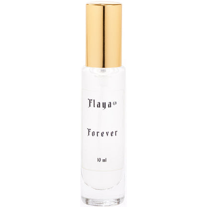 Flaya Eau-de-Parfume Forever 10ml in a clear glass spray bottle with a gold coloured lid.