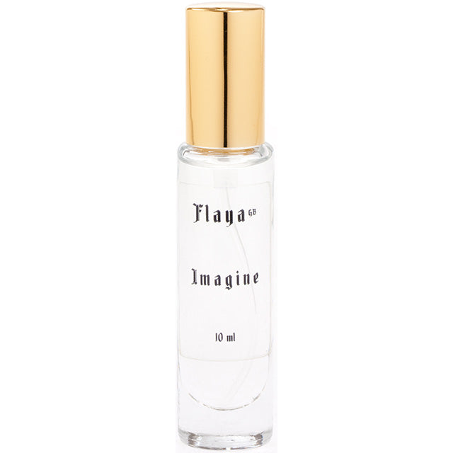 Flaya Eau de Parfum Imagine 10ml in a slimline clear glass spray bottle with a gold coloured lid.