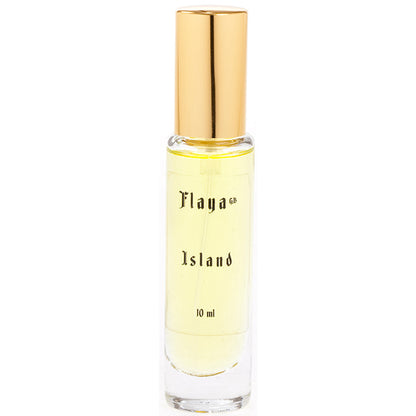 Flaya Eau de Parfum Island in a 10ml slender glass spray bottle with a gold coloured lid 