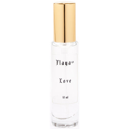 Flaya Eau de Parfum Love 10ml in a slender clear glass bottle with a gold coloured lid