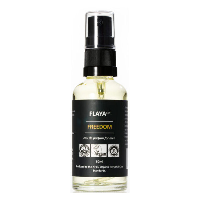 Flaya Freedom Eau De Parfum For Men in a clear glass spray bottle with a black spray lid and clear lid. 