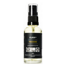 Flaya Freedom Eau De Parfum For Men in a clear glass spray bottle with a black spray lid and clear lid. 